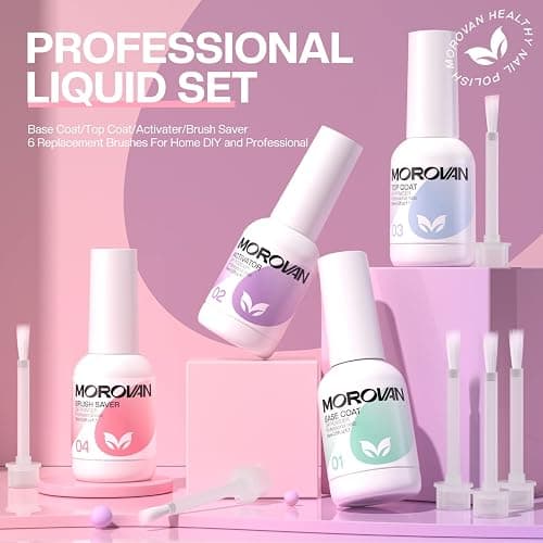 Morovan Dip Powder Liquid Set with Activator Base Top Coat and Dipping Powder Brush Saver 4pcs 0.5oz for Dip Nail Kit thumbnail 8