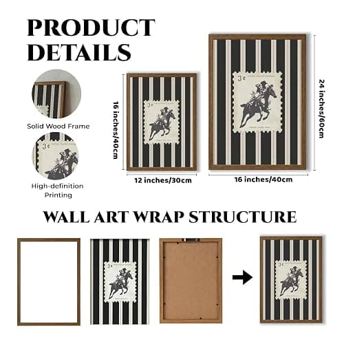 Western Cowboy Wall Art Vintage Horse Paintings Canvas Wall Decor Striped Rodeo Prints Mid Century Cowboy Pictures Country Western Posters for Bedroom Living Room 12x16 Inch Framed thumbnail 3