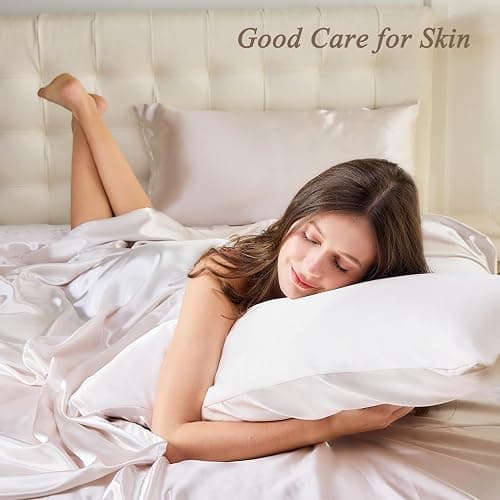 Vielit 2 Pack Satin Pillowcase for Hair and Skin Cooling,Soft as Silk Pillowcase for Hair and Skin,Easier Care than Silk Pillow Case Beige 50x75cm Gifts for Women Envelope & 2 Scrunchies thumbnail 3