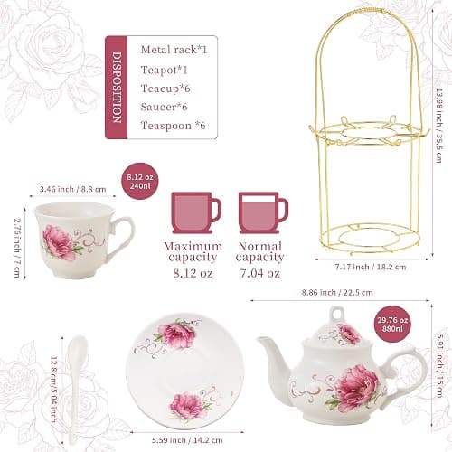 20-Pieces Tea Set For Adult with Golden Metal Rack,Porcelain Tea Sets For Women,Tea Gift Sets for Home&Party(015) thumbnail 3