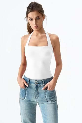 QINSEN Women's Backless Halter Tank Top Button Closure Square Neck Double Line Casual Daily Top Going Out Cami thumbnail 5
