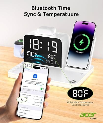 Acer 7-in-1 Wireless Charging Station with LED Clock - 30W Fast Wireless Charger for iPhone 16/15/14/13/12/Pro Max, Apple Watch, AirPods - Bluetooth Auto Time Sync & Night Lights (White) thumbnail 7