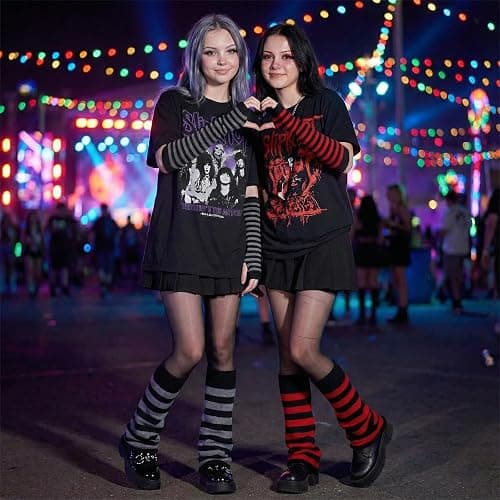 Fizzlup Harajuku Leg And Arm Warmers Set, Y2K Red And Black Striped High Socks Flared Goth Scene Accessories for Women thumbnail 7