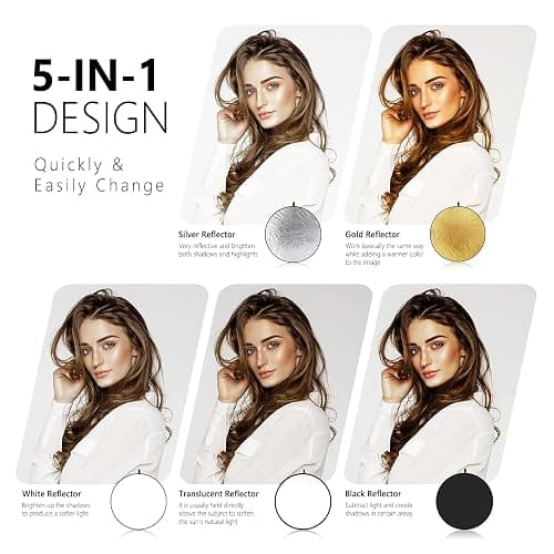 NEEWER 22 Inch/60 Centimeter Light Reflector Light Diffuser 5 in 1 Collapsible Multi Disc with Bag - Translucent, Silver, Gold, White, and Black for Studio Photography Lighting and Outdoor Lighting thumbnail 2