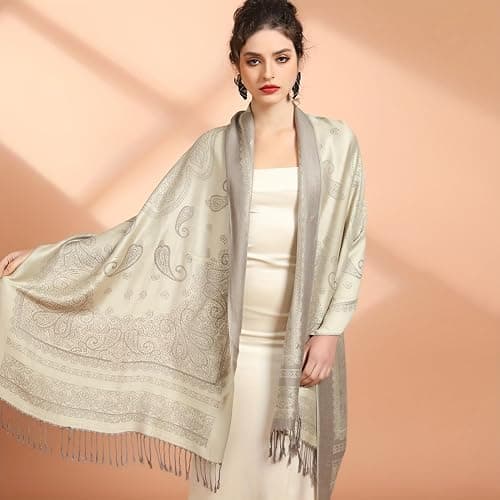 Ciormis Two Tone Silky Paisley Pashmina Shawl Scarf,Soft Women's Rave Jacquard Pashminas Wrap Scarves thumbnail 4