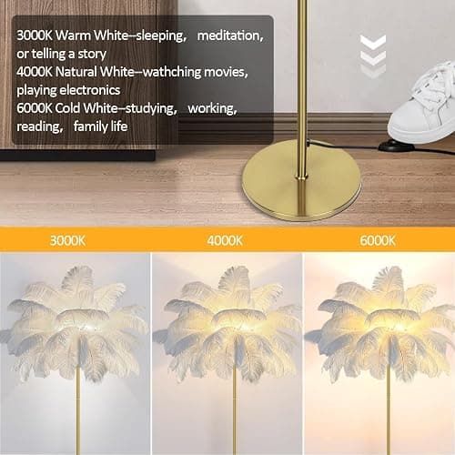 rzoizwko Feather Floor Lamp for Living Room,Standing Lamps Ostrich Feather for Bedroom,White Modern Office Lamps with LED Bulb 3 Color,160cm Tall Floor Light Dimmable with Foot Switch (White) thumbnail 5