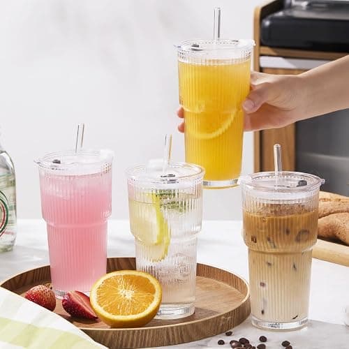 GOSCHE 20oz Glass Cups with Lids and Straws, Ribbed Iced Coffee Cups, Thickened Glass Tumbler Set Ideal for Coffee, Smoothies, Cocktails, and Juices, Clear, 4 Pack thumbnail 2