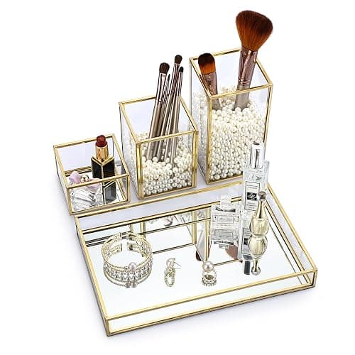 Hipiwe Set of 4 Gold Glass Makeup Brush Holder Organizer with Vanity Tray | Stackable Perfume & Cosmetic Brush Organizer, Mirrored Jewelry Trinket Tray, Pen & Pencil Holder for Dresser Bathroom thumbnail 6