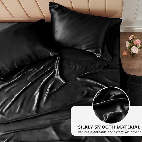 CozyLux Satin Sheets Full Size Sheets - 4 Piece Silky Full Size Bed Sheets, Luxury Black Full Bed Set with Smooth and Soft Microfiber, Includes 1 Fitted Sheet, 1 Flat Sheet and 2 Pillowcases thumbnail 3