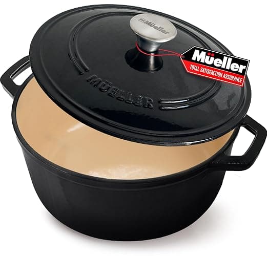MUELLER HOME 6 Quart Enameled Cast Iron Pot Dutch Oven, Heavy-Duty Oven-Safe up to 500° F, & Across All Cooktops, Casserole Dishes for Ovens, Bread Pan with Lid and Knob, Cast Iron Cookware, Black - Image 1