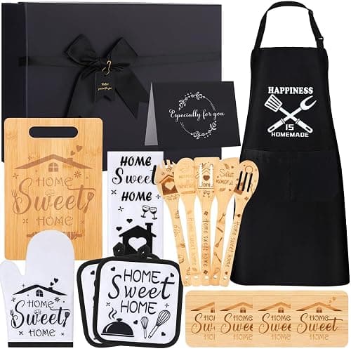 Patelai 17 Pcs House Warming Gifts New Home, Housewarming Gift Basket for New Homeowner Sweet Couples Home Supplies Include Apron Bamboo Spoons Cutting Board Gloves Cards with Black Present Box - Image 1