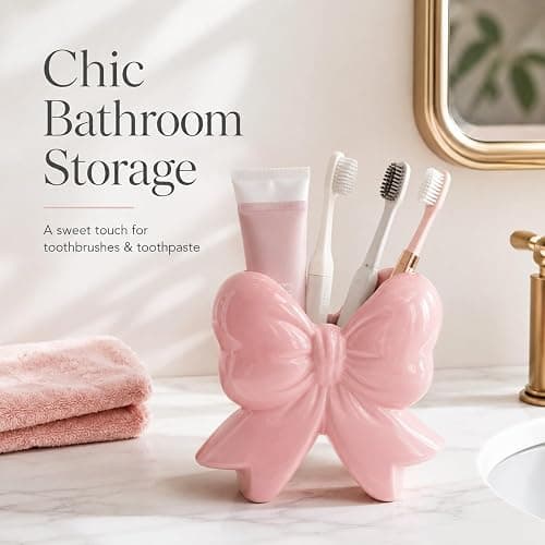 Jingmore Vase Coquette Ceramic Toothbrush Holder Vase Pen Makeup Brush Holder Contemporary Design Decorative Women Gift for Christmas Home Office Shelf Table Room(Small,Classic,Pink) thumbnail 3