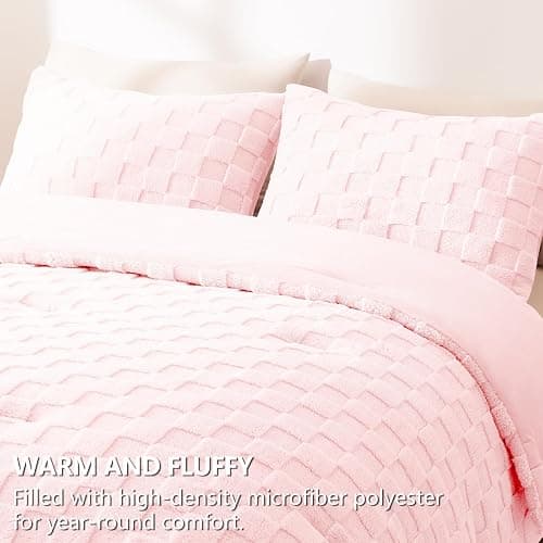 CozyLux Fleece Queen Comforter Set Blush Pink,Super Soft & Warm Fluffy Bedding with Checkered Pattern,Luxury Fuzzy Heavy Bed Set for Winter,3 Pieces,1 Comforter and 2 Pillowcases thumbnail 5