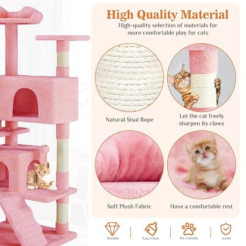 Sweetcrispy 54 Inch Cat Tree Tower, Multi-Level with Cat Scratching Post, Indoor Cat Condo with Climbing Ladder, Plush Toy, Play House for Cat, Pink thumbnail 5