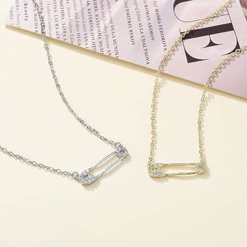 Medsor Safety Pin Necklace Paper Clip Pendant Cubic Zirconia Saftey Pin Necklace Choker For Women Gift thumbnail 3
