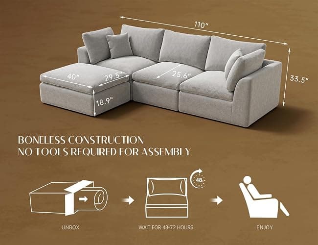 ohllob 110" Cloud Sectional Couches for Living Room, Boneless L-Shape Couch with Ottoman, 3 Seater Modular Sectional Sofa, Light Grey thumbnail 2