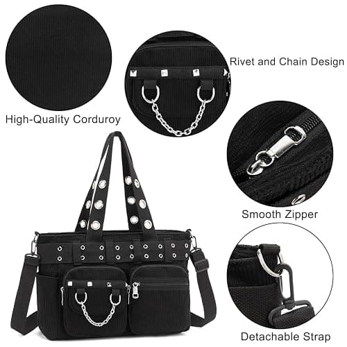 Ecohaso Tote Bag for Women, Corduroy Gothic Purse Goth Bag with Zipper for College, Work, Travel, Gym thumbnail 5