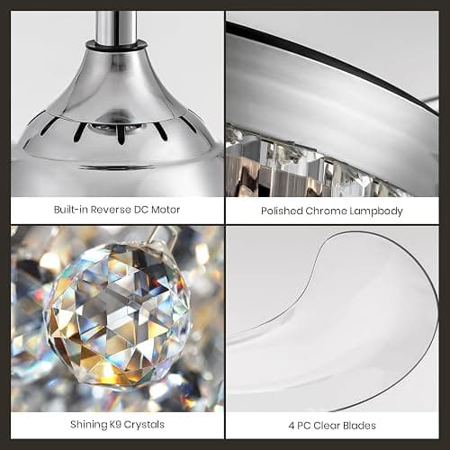 36" Fandelier, Crystal Ceiling Fan with Lights and Remote, Invisible Retractable Dimmable Chandelier Fan, 6-Speed Reversible Timer Ceiling Fan Light Kit for Bedroom Living Room Dining Room-Chrome thumbnail 8