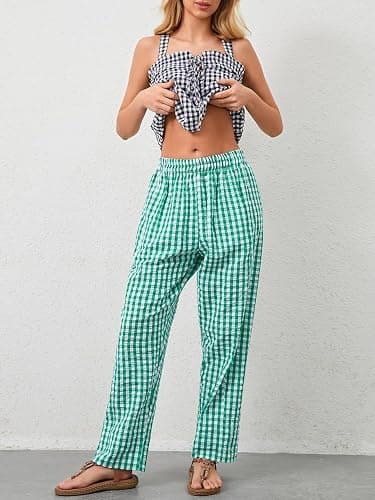 YKR Plaid Pants for Women Gingham Lounge Wide Leg Low Waist Pajama Pants Elastic Waist Trousers with Pocket thumbnail 4
