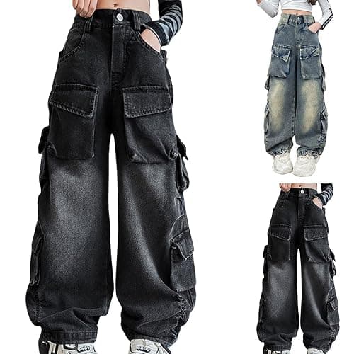 Multi Pockets Cargo Jeans for Teen Girls Trendy Denim Baggy Loose High Waist Wide Leg Long Pants Kids Stretchy Elastic Rue 21 Jeans for Teen Girls Girl Jean Shorts 12-14 thumbnail 4
