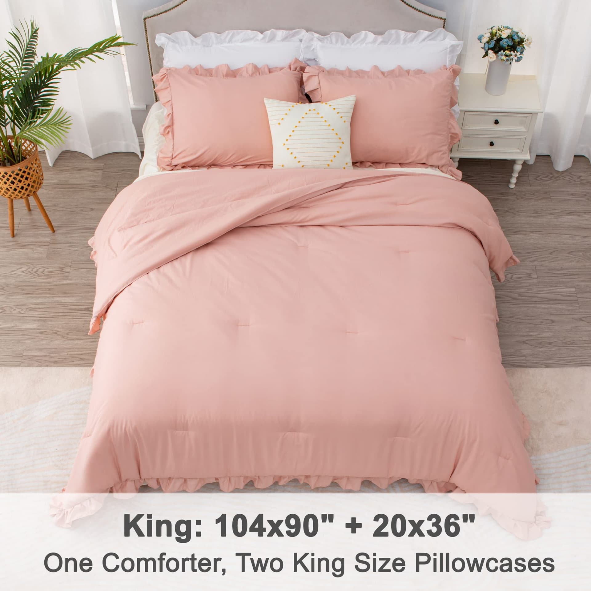 Litanika Blush Pink Ruffle King Bed Comforter Set, 3 Pieces Girls Women Cute Bedding Comforters & Sets, Lightweight Fluffy Microfiber Down Alternative (104x90In Comforter & 2 Pillowcases) - King (104"x90") - Blush Pink thumbnail 5