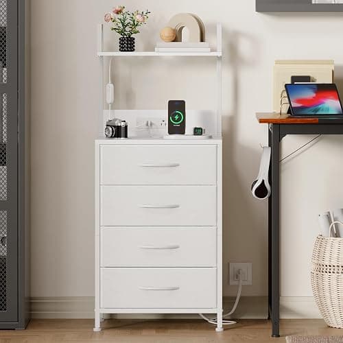 Somdot White Nightstand with Charging Station and LED Lights, Bedside Table Tall Night Stand with 4 Fabric Drawers and Top Shelf for Bedroom Guest Room Dorm Hallway thumbnail 7