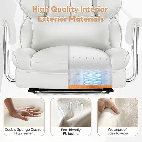 Sweetcrispy Executive Home Office Desk Chair - Ergonomic Big Tall High Back with Footrest & Lumbar Support, Reclining Height Adjustable, Comfy PU Leather Computer Gaming with Swivel Wheels, White thumbnail 6