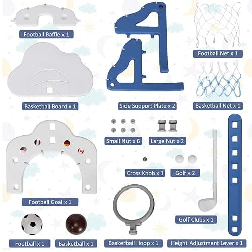 Costzon Kids Basketball Hoop, Toddler Sports Activity Center w/ 5 Adjustable Height Levels, Basketball Soccer Golf Game Set, Indoor Outdoor Basketball Hoop Set Best Gift for Baby Infant White Clouds - White Clouds - 22” x 20'' x 58.5''(L X W X H) thumbnail 8