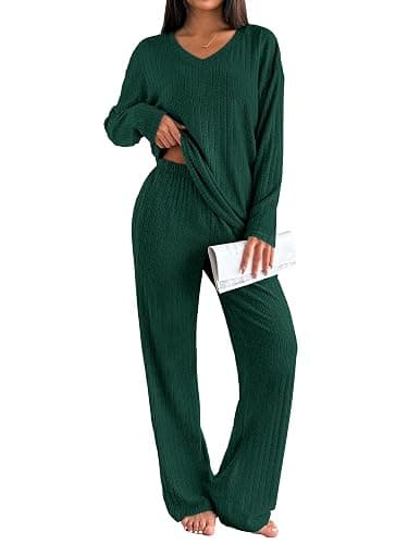 Ekouaer Lounge Sets for Women Long Sleeve Knit Ribbed Pajama Sets 2 Piece Casual Loungewear with Pockets - Image 1