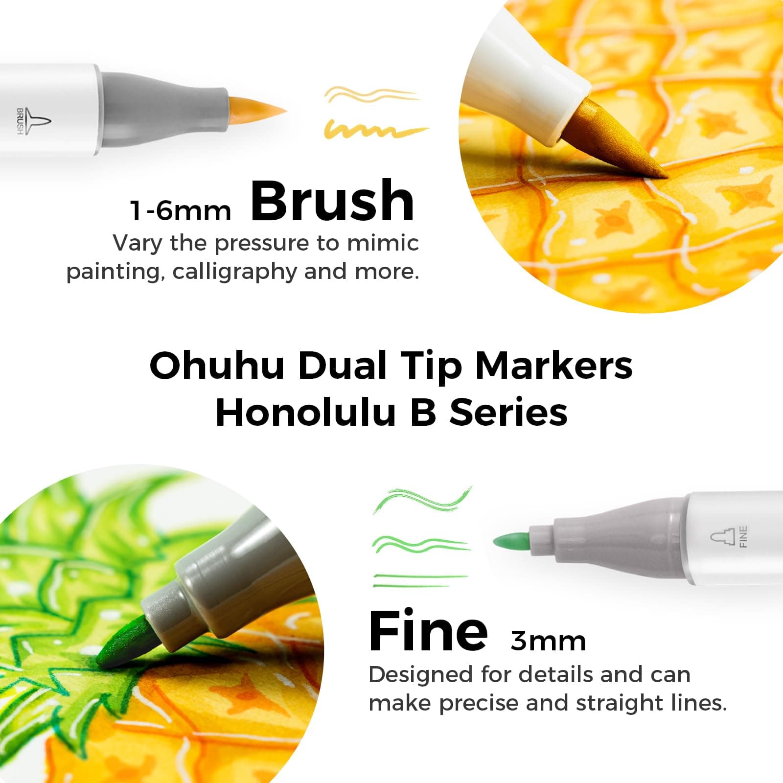 Ohuhu Alcohol Markers Brush and Fine Tip - 48-Color Alcohol-based Art Sketch Marker Set for Artist Adults Colouring Illustration - Brush and Fine Dual Tips- Honolulu B - AP Certificated thumbnail 3
