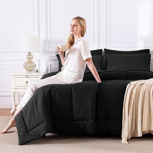 CozyLux Queen Comforter Set Black, 7 Pieces Bed in a Bag, Black Comforter Queen Size, All Season Bedding Sets with Stitch Quilted Comforter, Flat Sheet, Fitted Sheet, Pillowcases thumbnail 7