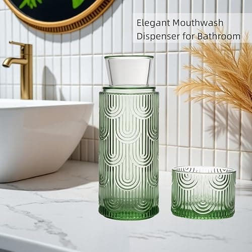 TANMESSO Mouthwash Dispenser, Bedside Water Carafe with Cup And Glass Set, Mouth Wash Dispensers for Bathroom, 21.6 Oz Glass Mouthwash Container with 6 Oz Drinking Cup As Lid (Green) thumbnail 6