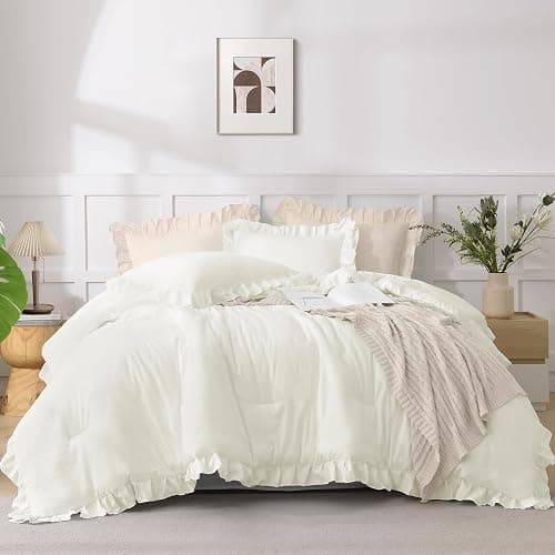 Andency Ivory Comforters Queen Size, 3 Pieces Solid Shabby Chic Farmhouse Bedding Comforters & Sets, Lightweight Fluffy All Season Soft Down Alternative Bed Set for Women Men thumbnail 2