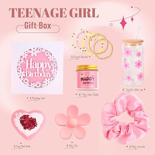 ONIYEA Birthday Gift for Teen Girls, 7 Cute Gifts with Tasks, Happy Birthday Gift Ideas,Trendy Preppy Stuff for Teen Girls, Christmas, Cute Daisy Aesthetic Glass Cups Tumbler Gifts Set 7pcs (Pink) thumbnail 6
