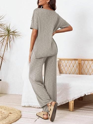 Tankaneo Women's 2 Piece Travel Outfits Casual Short Sleeve Knit Sweater Set Wide Leg Pants Lounge Sets Tracksuit thumbnail 7