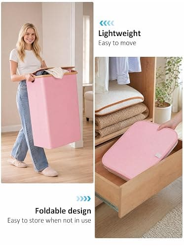IEGrow Laundry Hamper with Lid,110L Laundry Basket with Mesh Bags,Pink | Dirty Clothes Hamper Basket with Bamboo Handle for Clothes Towels thumbnail 7
