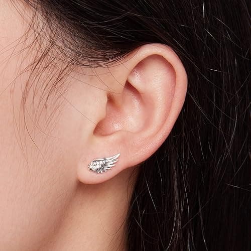 925 Sterling Silver Angel Wing Feather Stud Earrings for Women,Jewelry Gift for Friend Mom thumbnail 2