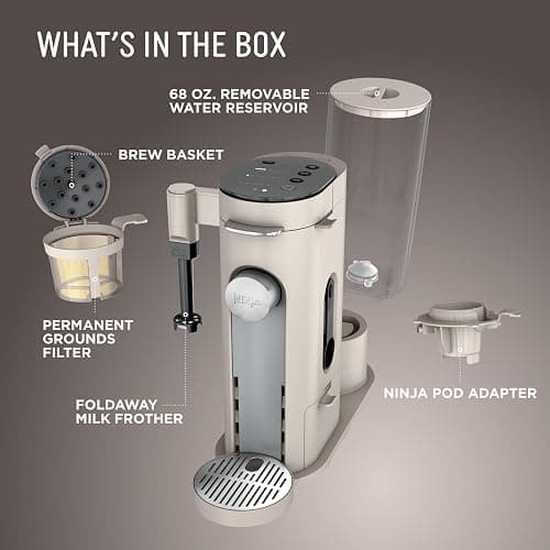 Ninja Pod & Grounds | Coffee Maker | XL Single-Serve | K-Cup Pod Compatible | Brews Grounds | Compact Design | Built-In Milk Frother | 68-oz. Reservoir, 6-oz. Cup to 24-oz. Mug Sizes | Stone |PB055AST thumbnail 10