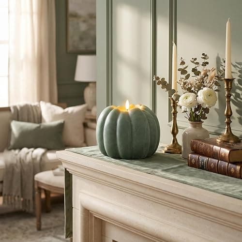 Sage Green Pumpkin Decor, Fall Decorations for Home - Sage Green Flameless Pumpkin Shaped Candle with Remote and Timer, LED Flickering Battery Operated Candle for Fall Decor, 5.31" W, 5.1" H thumbnail 5