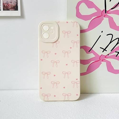 NITITOP Compatible with iPhone 12 Mini Case Cute Aesthetic Bow Ribbon Love Heart Pattern Design for Women Girls Soft TPU Bowknot White Back Shockproof Protective Phone Cover - Pink thumbnail 7