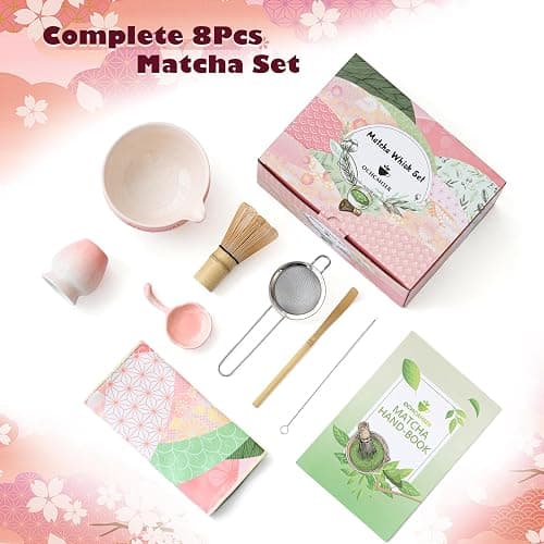 Matcha Tea Set, 8 Pcs Japanese Matcha Kit with Cherry Blossom and Wave Design Ceramic Bowl, Bamboo Whisk, Whisk Holder, Scoop, Sifter, Brush, Matcha Kit Set for Matcha Lovers (Pink Gradient) thumbnail 3