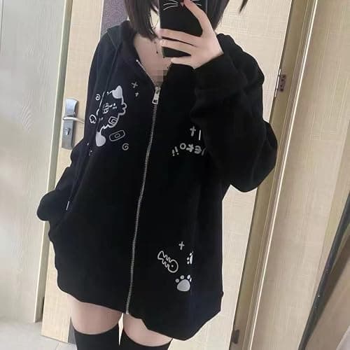 Wayolyn Kawaii Cute Cat Graphic Hoodie Y2k Zip Up Harajuku Clothes Oversized Pullover Sweatshirt Streetwear Jacket thumbnail 6
