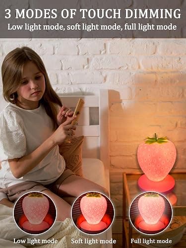 Strawberry Night Light, Cute Silicone Strawberry Lights Kawaii Room Decor, USB Rechargeable Bedside Lamp 3 Gear Touch Lighting, Cute Strawberry Gifts for Baby, Children, Toddlers, Teen Girls thumbnail 2
