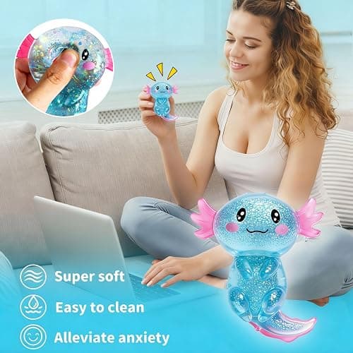 2 Pcs Axolotl Squishy Stress Relief Toy, Stretchy Axolotls Stress Soft Squeeze Sensory Fidget Toys for Kids Adults, Cute Axolotls Squishies Party Favors Classroom (BluePink) thumbnail 4