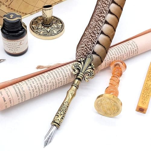 GC QUILL Antique Quill Pen Unique Half-Patterned Feather Pen Set with 6 Nibs 1 Bottle of Ink 1 Seal Stamp 1 Pen Holder 1 Sealing Wax LL-149 thumbnail 5
