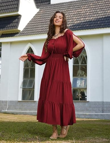 Scarlet Darkness Women Renaissance Off Shoulder Long Sleeve Smocked Waist Tiered Long Maxi Dress thumbnail 4