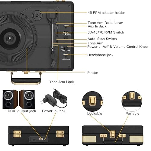 Trynnay Tourne-Disque Bluetooth à 3 Vitesses - Lecteur Portable en Vinyle avec Haut-parleurs intégrés - Tourne-Disque - Son Audio amélioré Noir Vintage thumbnail 4