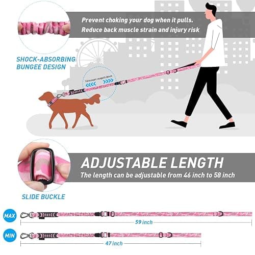 Hotsky Tactical Dog Leash Heavy Duty for Medium Large Dogs That Pull,4-6Ft Strong Bungee Shock Absorbing No Pull Dog Leash with Padded Double Handle and Car Seatbelt,Pink Camo thumbnail 6