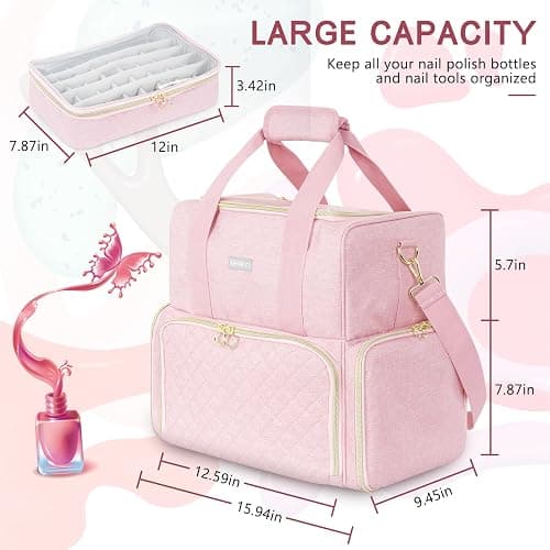Nail Polish Organizer Holds 80 Bottles and a Nail Lamp,Nail Polish Carrying Case with 2 Removable Bags,Nail Organizers and Storage for Nail Tech,Portable Nail Polish Holder for Nail Supplies,Pink thumbnail 3