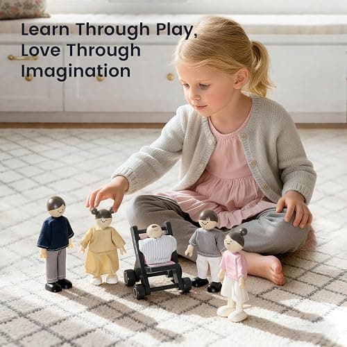 Tiny Land Wooden Dollhouse People Set, 5-Piece Poseable Wooden Doll Family with Dad, Mom, Brother, Sister, Baby and Stroller, Dollhouse Accessories Toy Pretend Play Gift for Kids Ages 3+ thumbnail 7